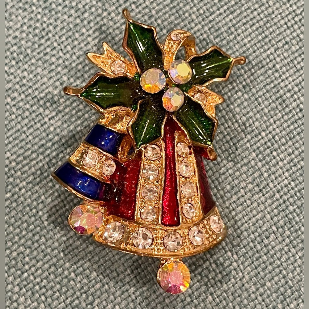 Festive Bell Brooch with Red, Green, and Blue Accents